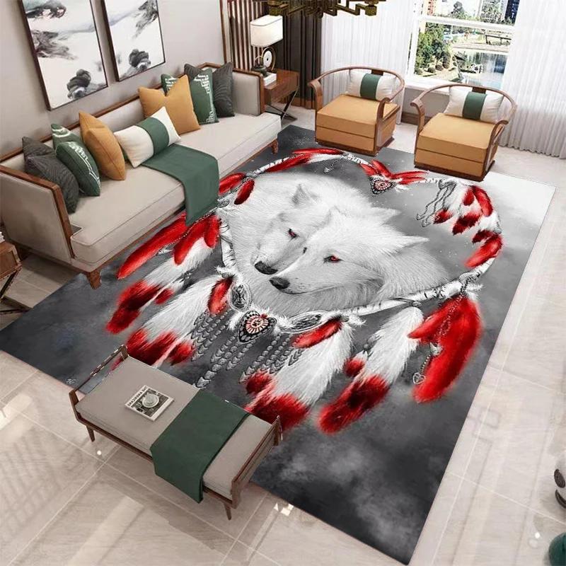 Wolf Carpet Wild Animal Doormat Bohemia Style Dreamcatcher Area Rug for Living Room Bathroom Decor Woodland Wildlife Floor Mat