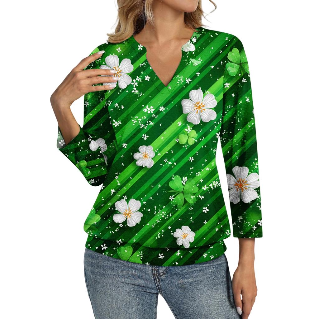 Damen 3/4-Arm Oberteil mit Bündchensaum, V-Ausschnitt, Sommer Freizeit-T-Shirt, St. Bedrucktes Oberteil zum St. Patrick's Day
