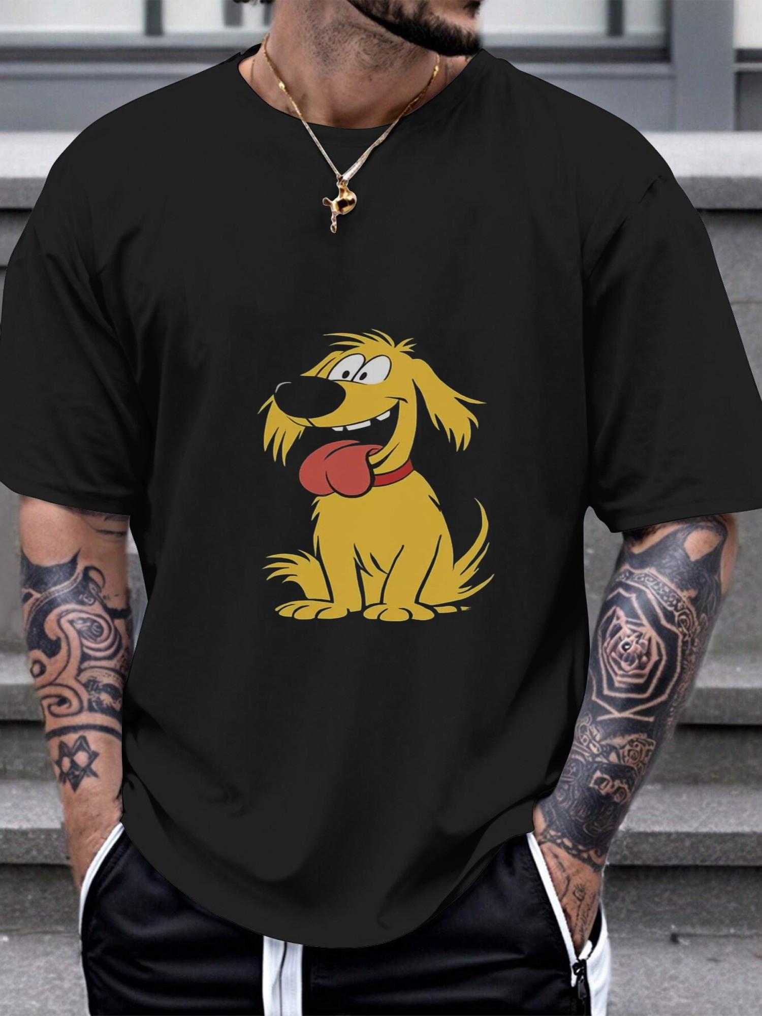 

1pc Humorous Laughing Cartoon Dog Graphic T-shirt - 180g Cotton Crew Neck Short Sleeve Tee with Vibrant Yellow & Red Design S