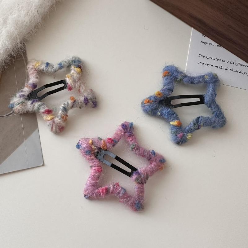 Star Hair Clip Handmade Colorful Dot Yarn Soft Plush Five Pointed Star for Bangs Non Slip Cute Small Size Daily Use