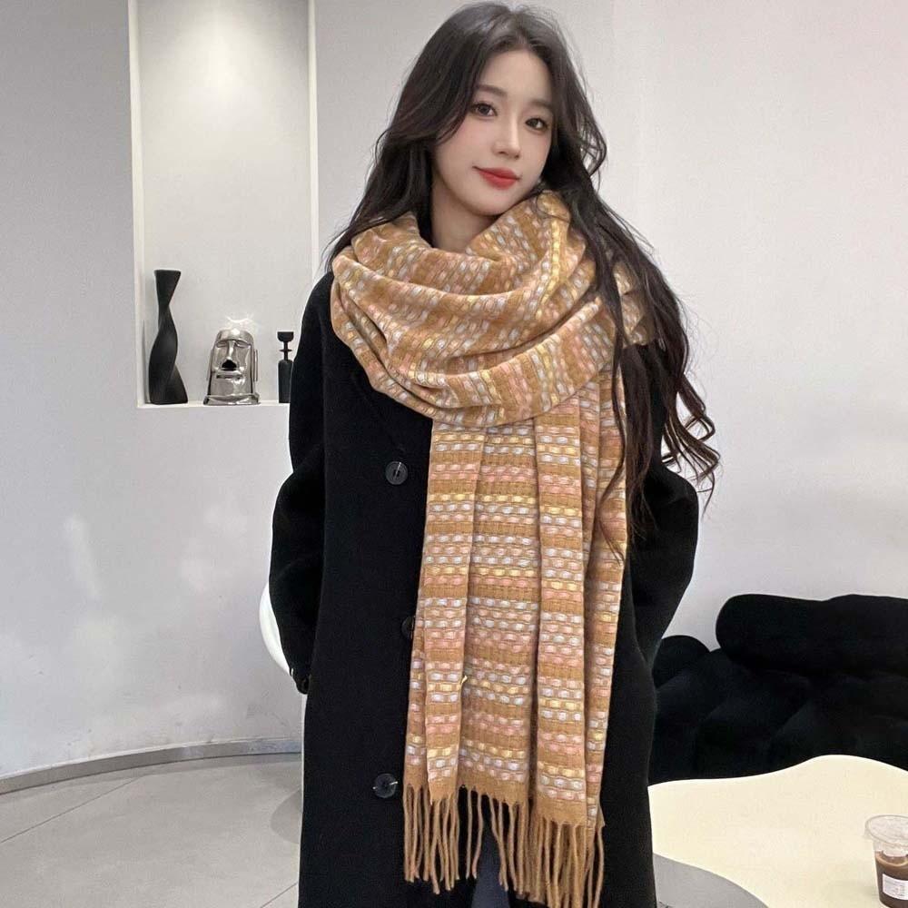 Contrast Color Dopamine Plaid Scarf Anti-cold Long Neckscarf with Tassel  Windproof