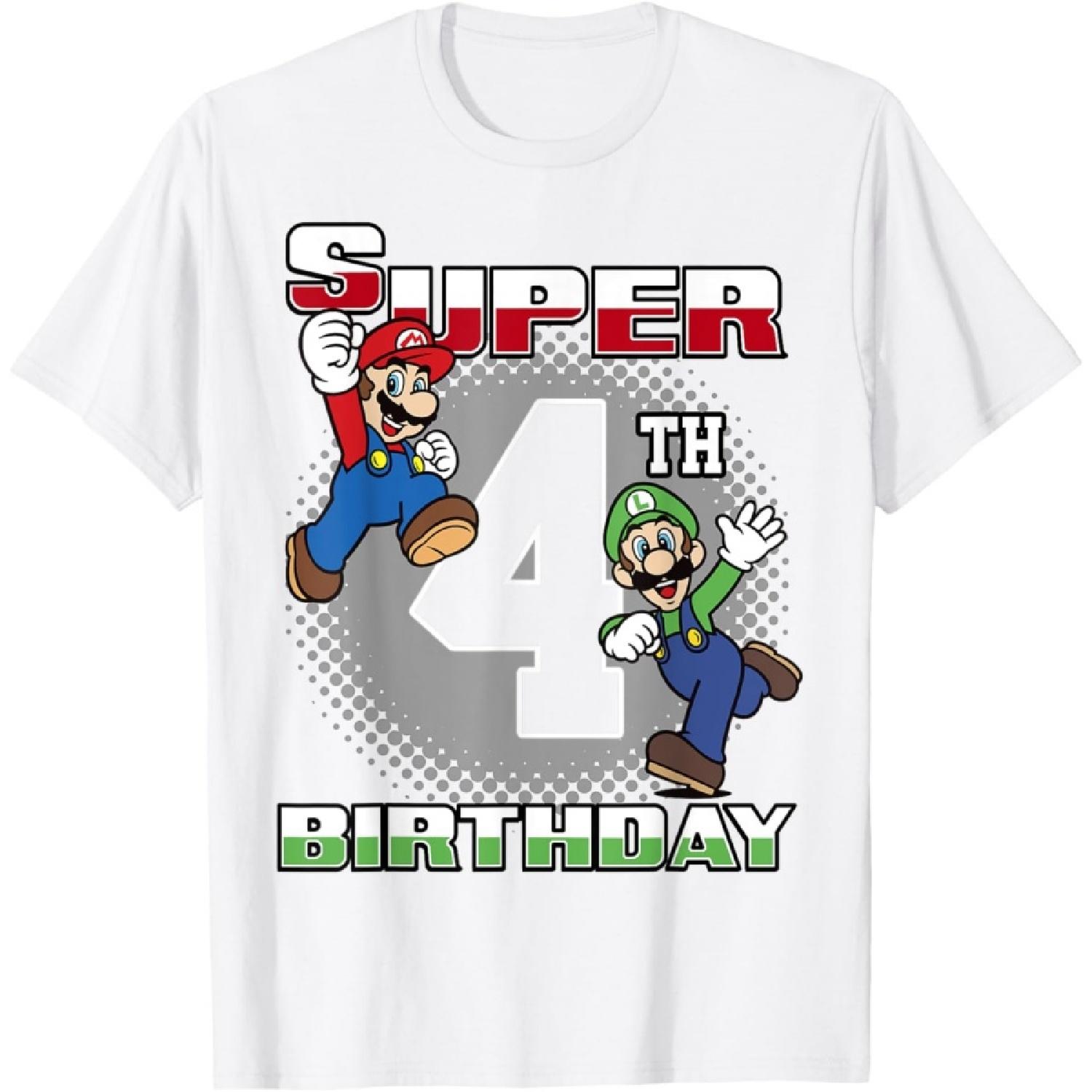 Super Mario And Luigi Super Birthday 4th Birthday Portrait T-Shirt S