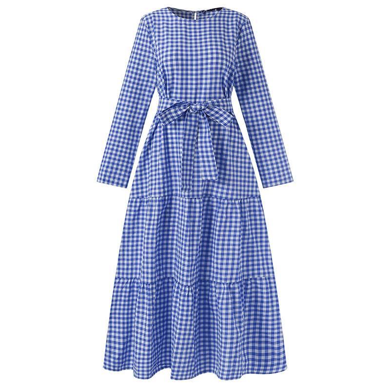 Plaid Round Neck Full Sleeve Loose Dress with Belt