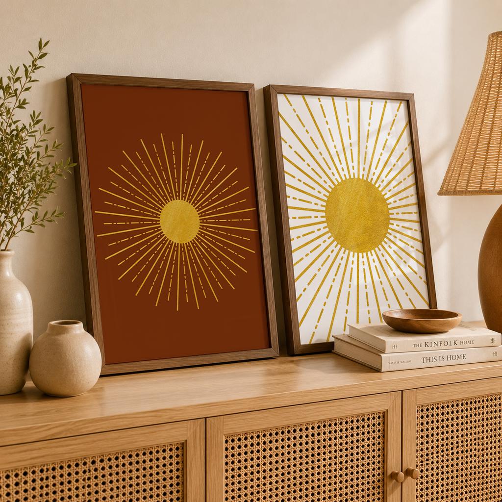 Boho Abstract Wall Art, Nordic Sun Canvas Paintings, Minimalist Sunburst Poster Prints for Living Room Bedroom Wall Decor