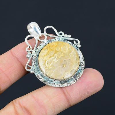 Mothers Day Sale Sterling Silver Round Fossil Coral Gemstone Daughter Pendant