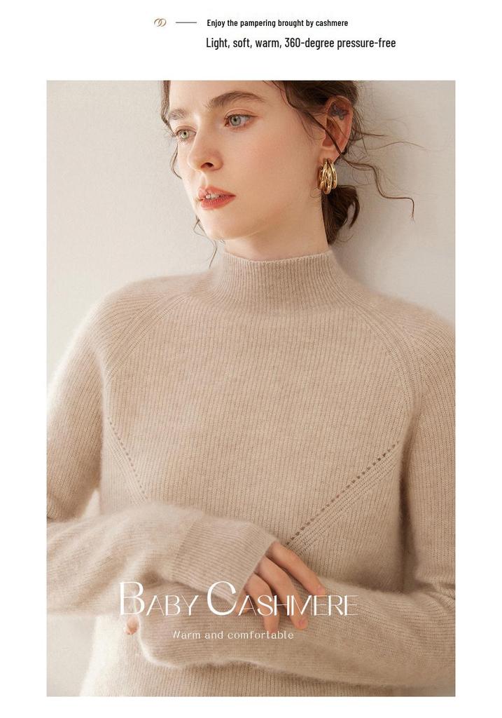 Women's Stylish Cashmere Sweater with Half-High Collar and Raglan Sleeves