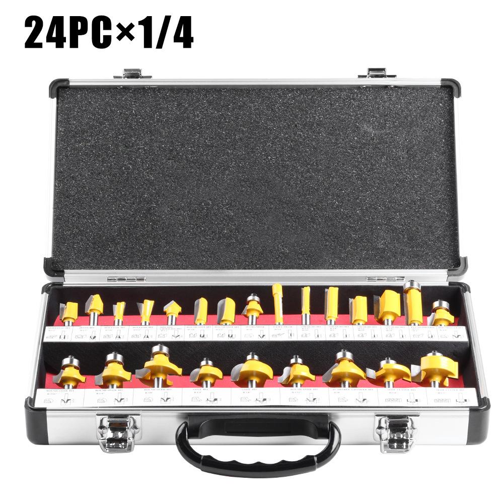 24-Piece Set 1/4 Handle Woodworking Milling Cutter 1/4 Handle Trimming Machine Engraving Machine Cutter Head Woodworking Tool Rounded Corner Slotting