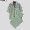 INCERUN 2PCS Men Lapel Neck Corduroy Short Sleeve Shirt Long Straight Pants Sets Outfits