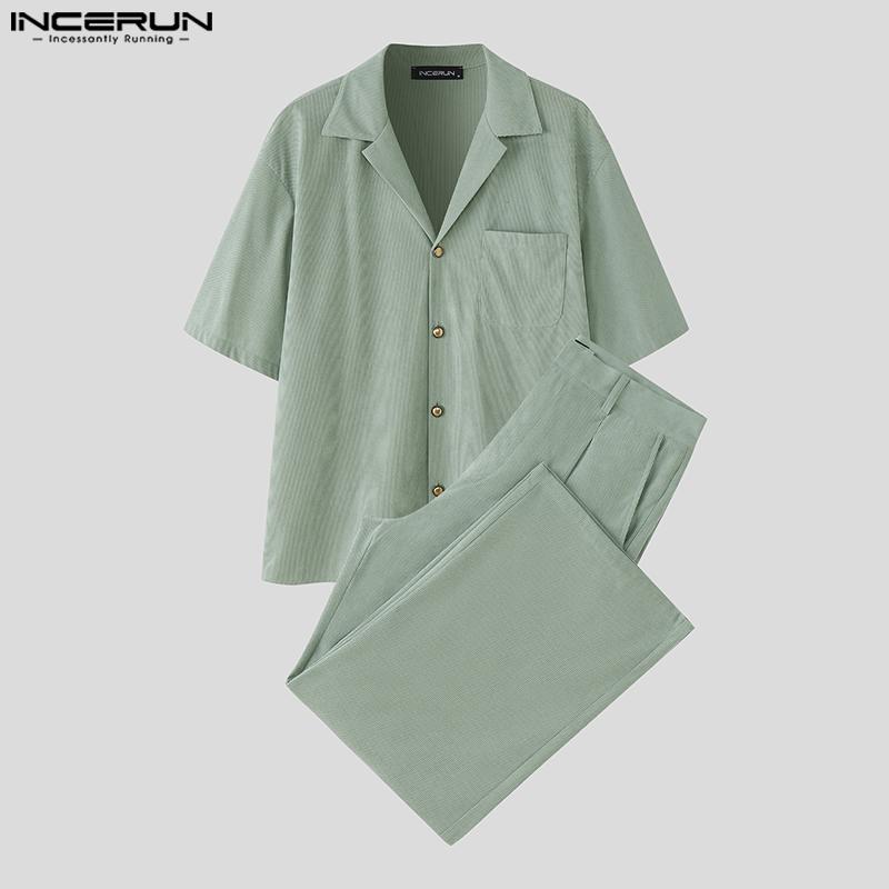 INCERUN 2PCS Men Lapel Neck Corduroy Short Sleeve Shirt Long Straight Pants Sets Outfits