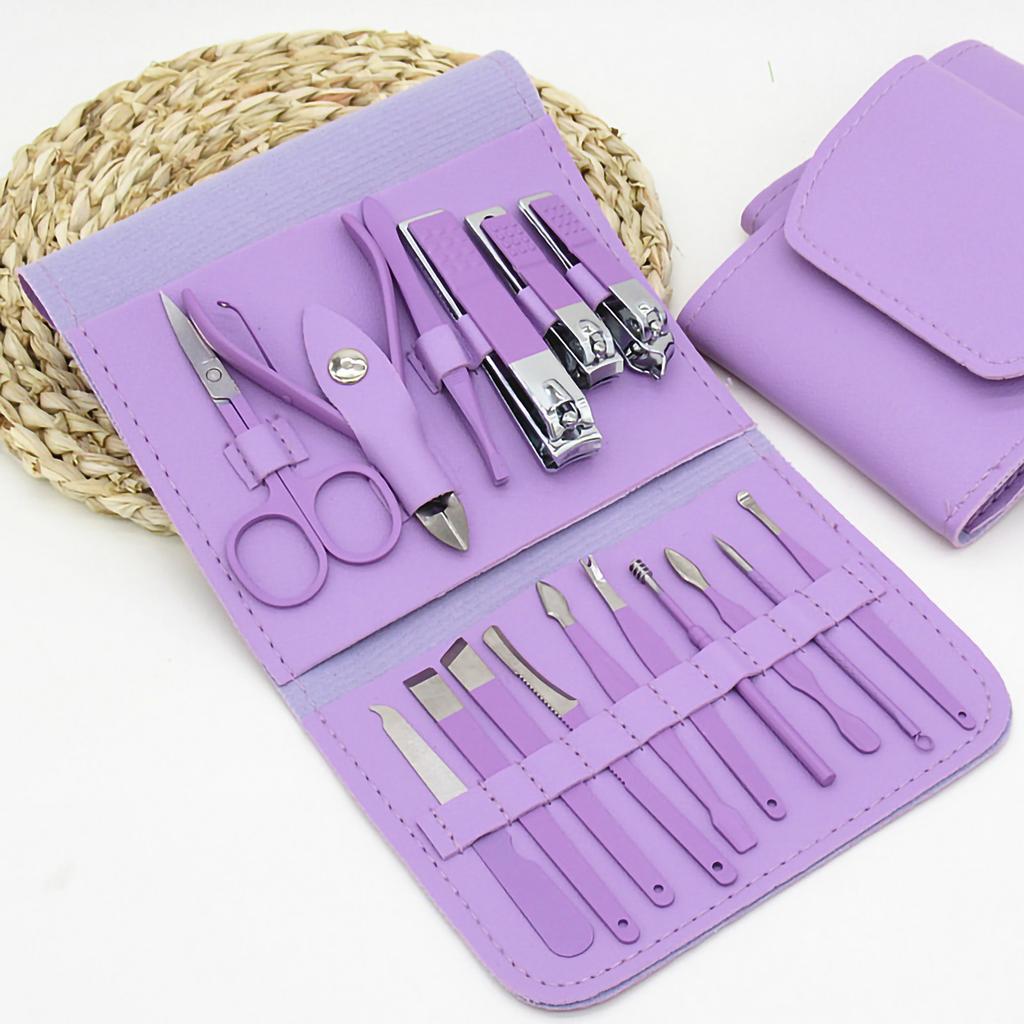 16pcs Steel Nail Clippers Set Steel Manicure Set Professional Pedicure Grooming Kit Purple