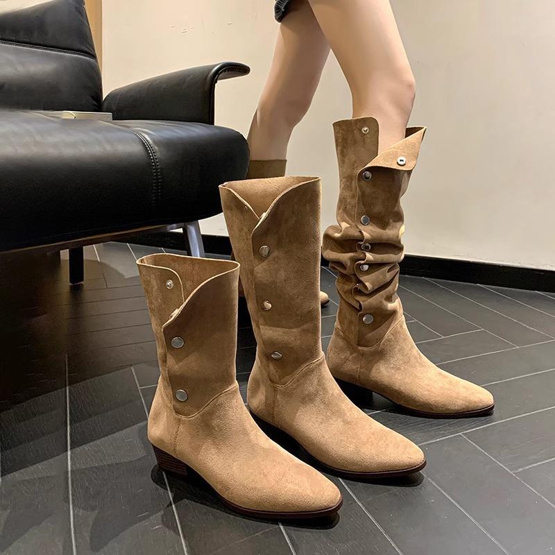 2025 pointed toe matte suede western cowboy boots high heel knight boots short stacking boots women's fashion boots tide