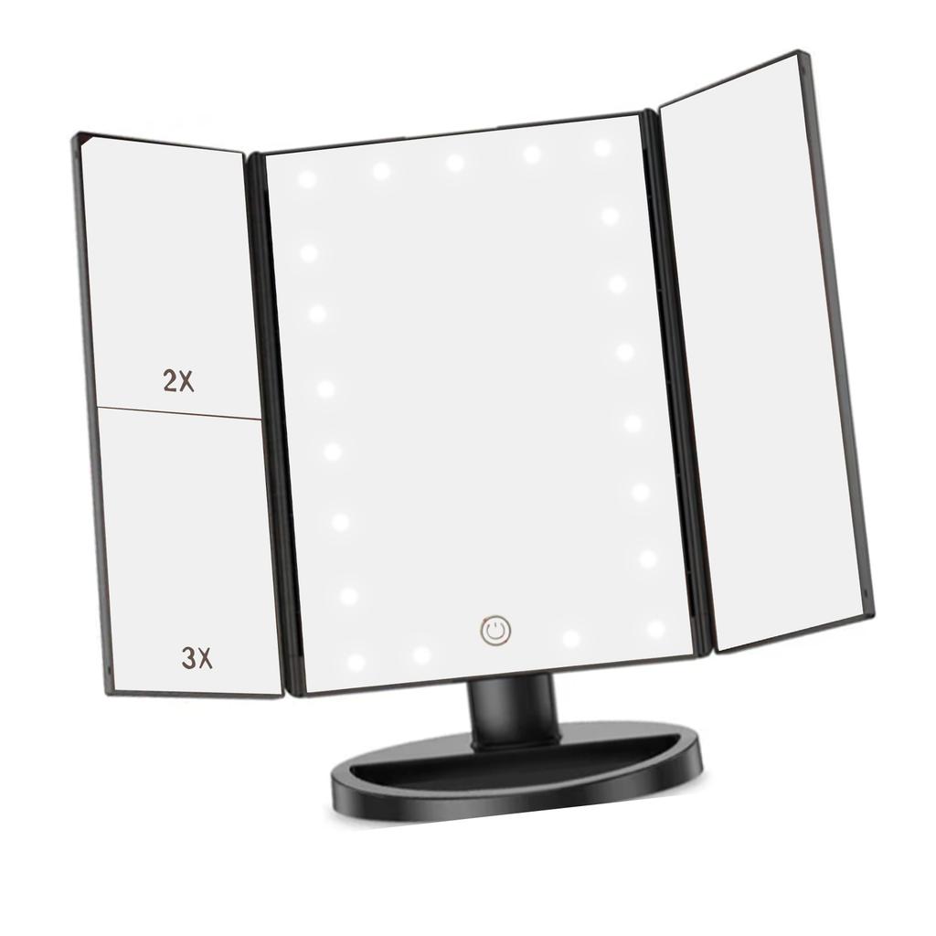 LED Vanity Mirror Three Fold USB Black with Data Cable Small Mirror Makeup Mirror for Bedroom Daily