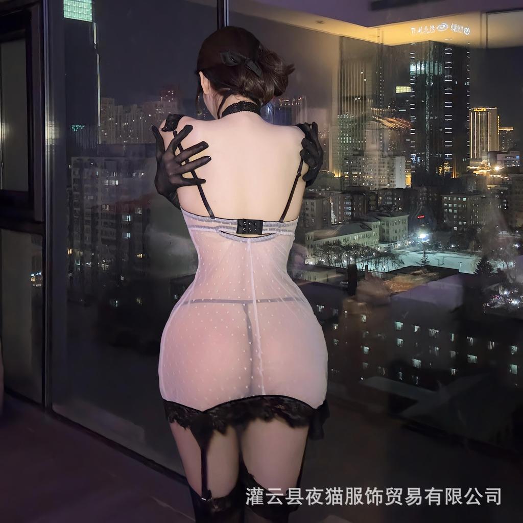 Night cat romantic French sex underwear sexy perspective suspender lace skirt hollow nightdress women's free suit uniform
