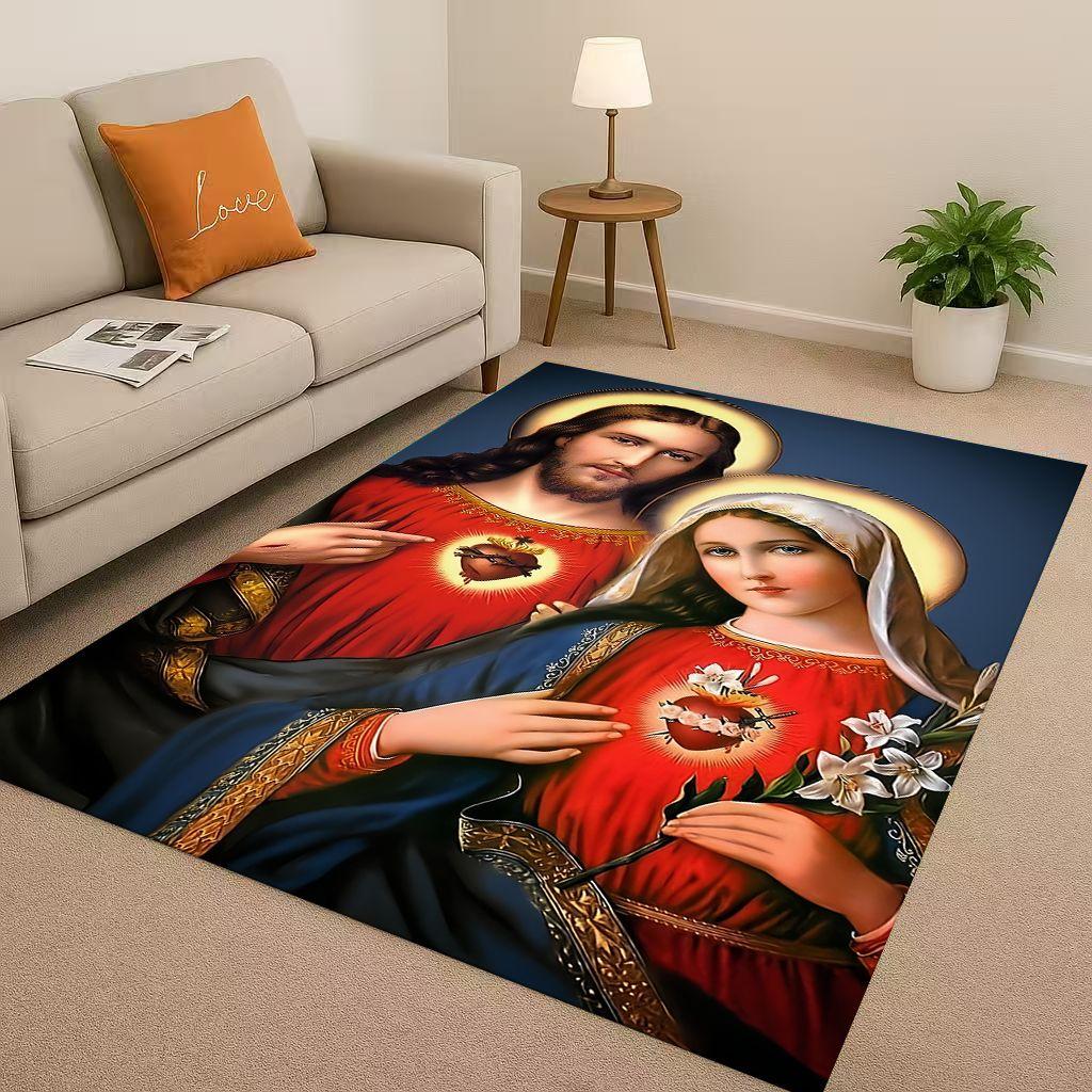 Retro Jesus Virgin Mary Art Living Room Non Slip Area Rug Soft Carpet for Bedroom Playroom Sofa,Easy Clean Home Decor Doormat