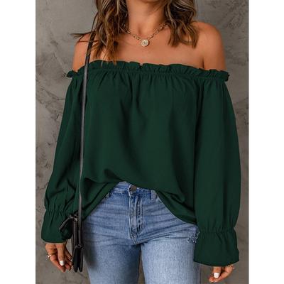 Spring and Autumn Pure Color Pullover Sexy Off-Shoulder Long Sleeves Top One-Shoulder Chiffon Women’s Blouses & Shirts