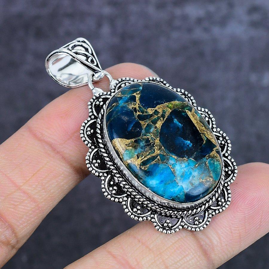 Natural Copper Blue Kyanite Gemstone 925 Sterling Silver Pendant 2.17" ETC-14027