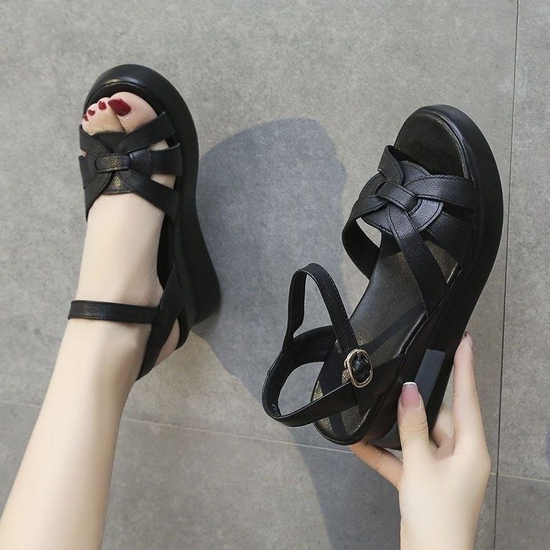 Sandalen Damen neu Sommer Ein-Wort mit Keilabsatz Damen Erhöhung Muffin Schuhe Plateausandalen