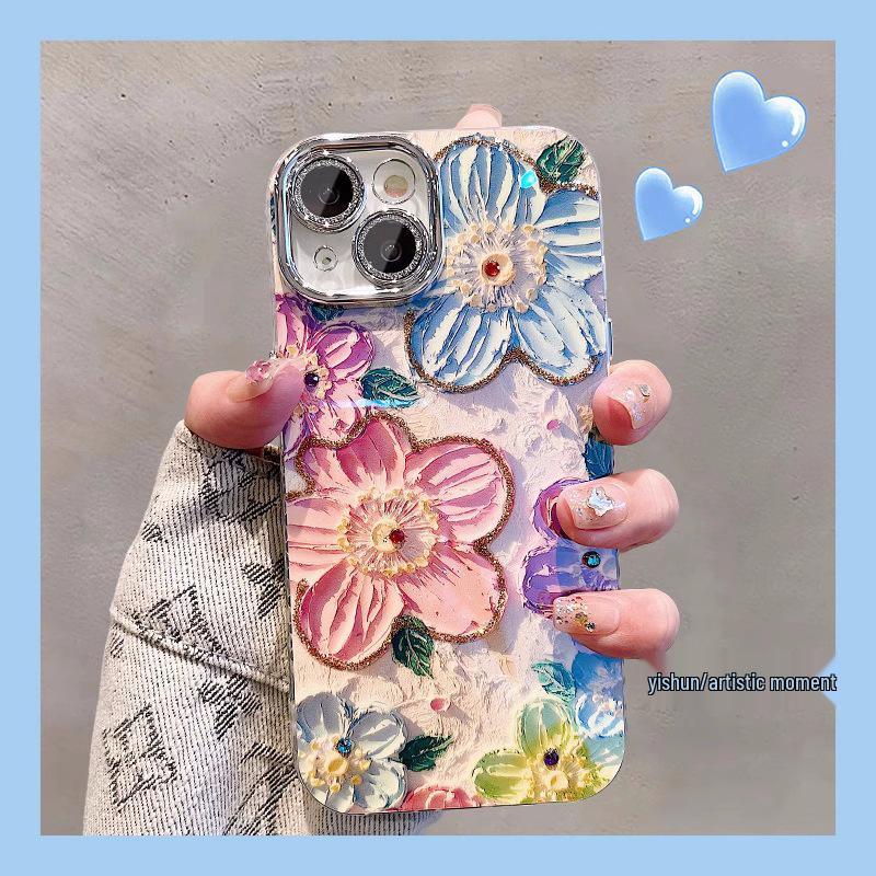 Blue Light Oil Painting Floral Phone Case for iPhone 16 Pro Max - Korean Style Fine Hole Feather Yarn Design