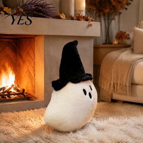Comfortable Desk Companion Halloween Pumpkin Ghost Plush Pillow, Cute Soft Stuffed Animal Sofa Cushion Toy with Embroidery Details for Living