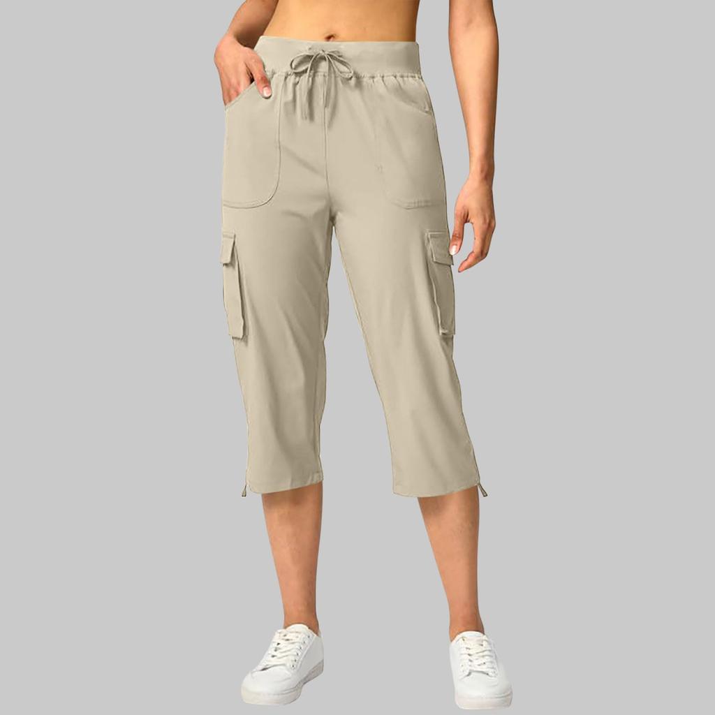 Women’s Drawstring Waist Cargo Capris with Multiple Pockets and Adjustable Hem for Outdoor Activities