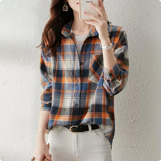 2026 Autumn Chic Korean Plaid Long Sleeve Women's Shirt: Stylish, Youthful, Niche Design