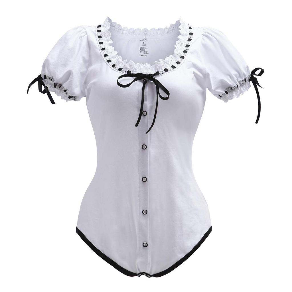 [LittleForBig] Adult Lolita Romper with Ribbon Bow and Lace, Front-Opening Cotton Pajamas, White, Size M