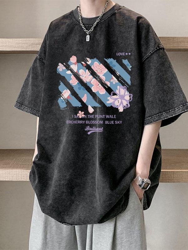 American printed washed short-sleeved T-shirt men's and women's summer trendy brand retro hiphop large size couple's pure cotton top