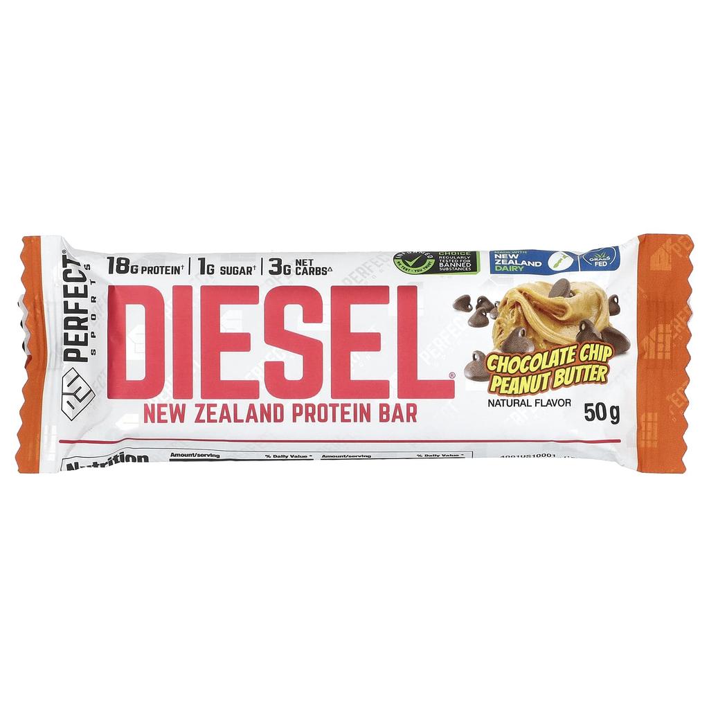PERFECT Sports, Diesel, New Zealand Protein Bar, Chocolate Chip Peanut Butter, 12 Bars, 50g Each