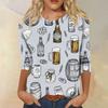 Womens Casual Crew Neck Three Quarter Sleeve Printed Top Relaxed Fit Soft Lightweight Festival Theme T Shirt Blouse