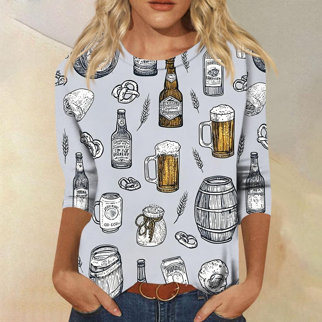 Womens Casual Crew Neck Three Quarter Sleeve Printed Top Relaxed Fit Soft Lightweight Festival Theme T Shirt Blouse
