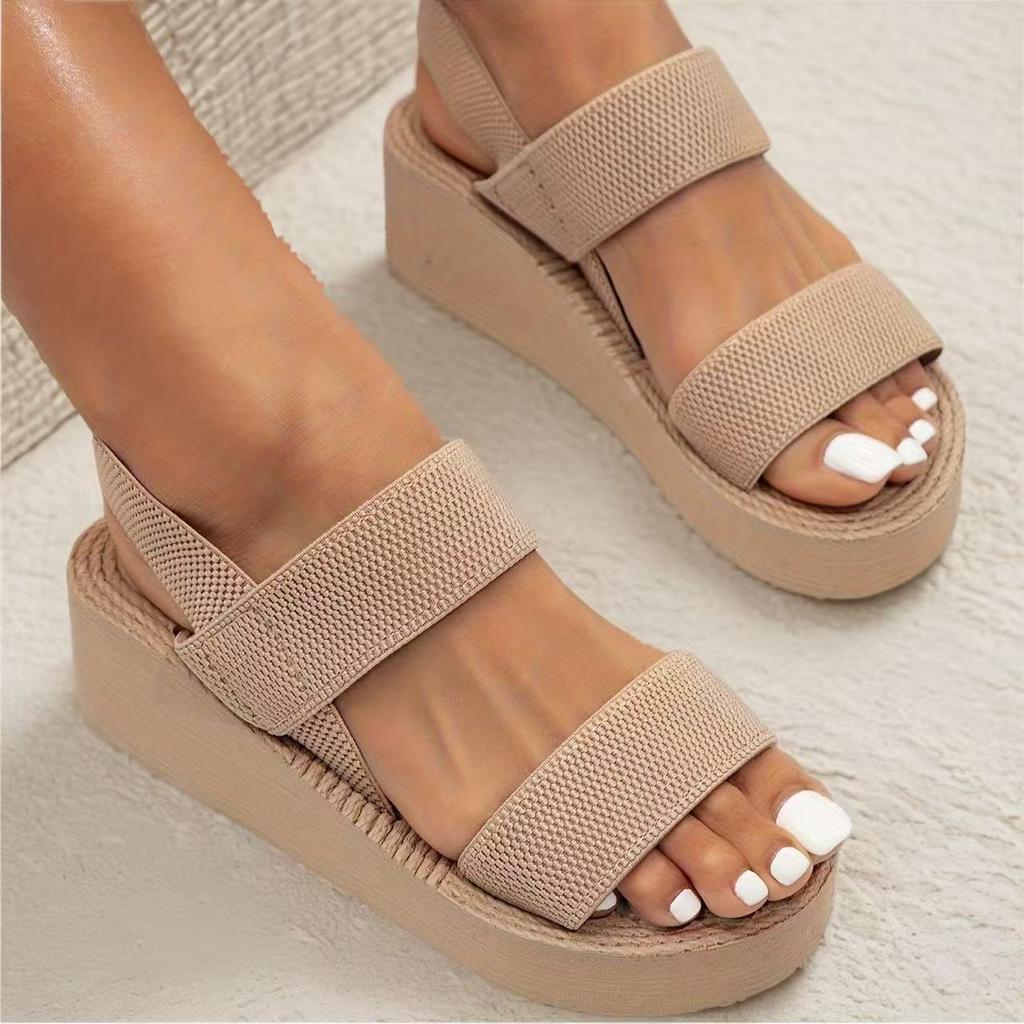 Damen Sommer gewebtes elastisches Band Keilsandalen mit dicker Sohle Freizeitschuhe