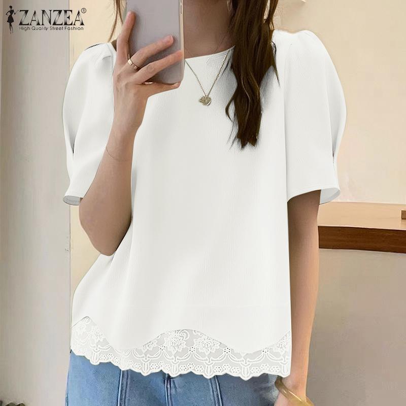 ZANZEA חולצת נשים קז'ואלית עם צווארון עגול ושרוולים קצרים, תחרה מחוברת