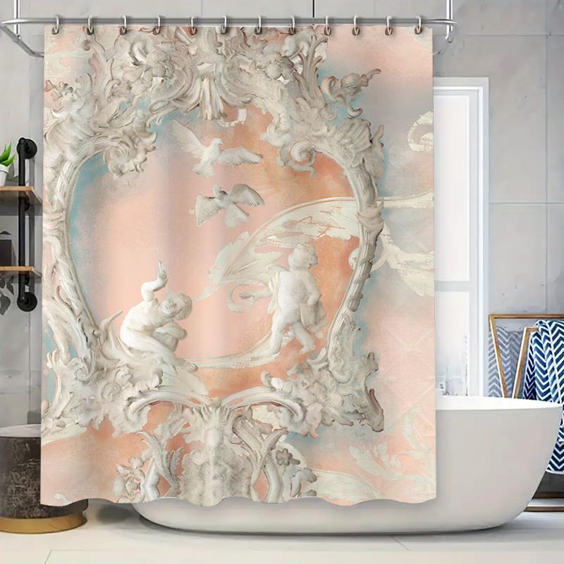

Luxurious White Victorian Style Shower Curtain Romantic Pink Heart Print Bathroom Decorative Liner Luxury Floral Print Waterproo W60H190(CM)-1 Pcs