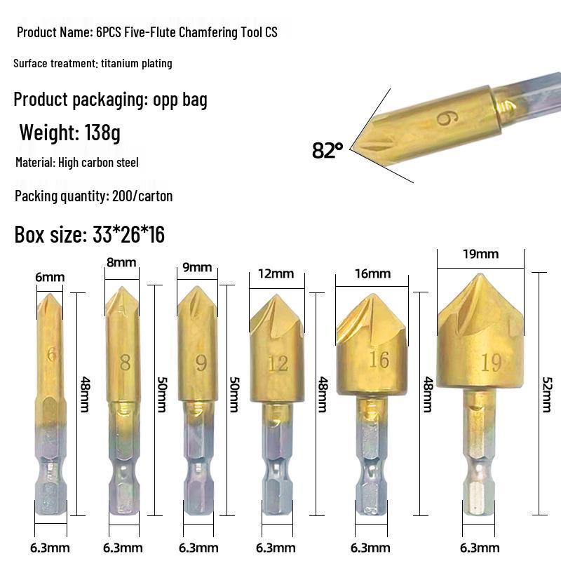 6-Piece Titanium-Plated 5-Flute Countersink Set with Hex Shank (6-19mm)
