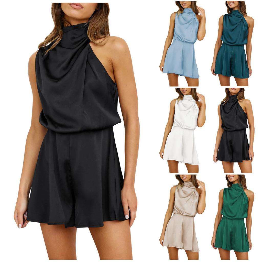 Women's Satin Jumpsuit Solid Color High Neck Hanging Neck Open Back Jumpsuit