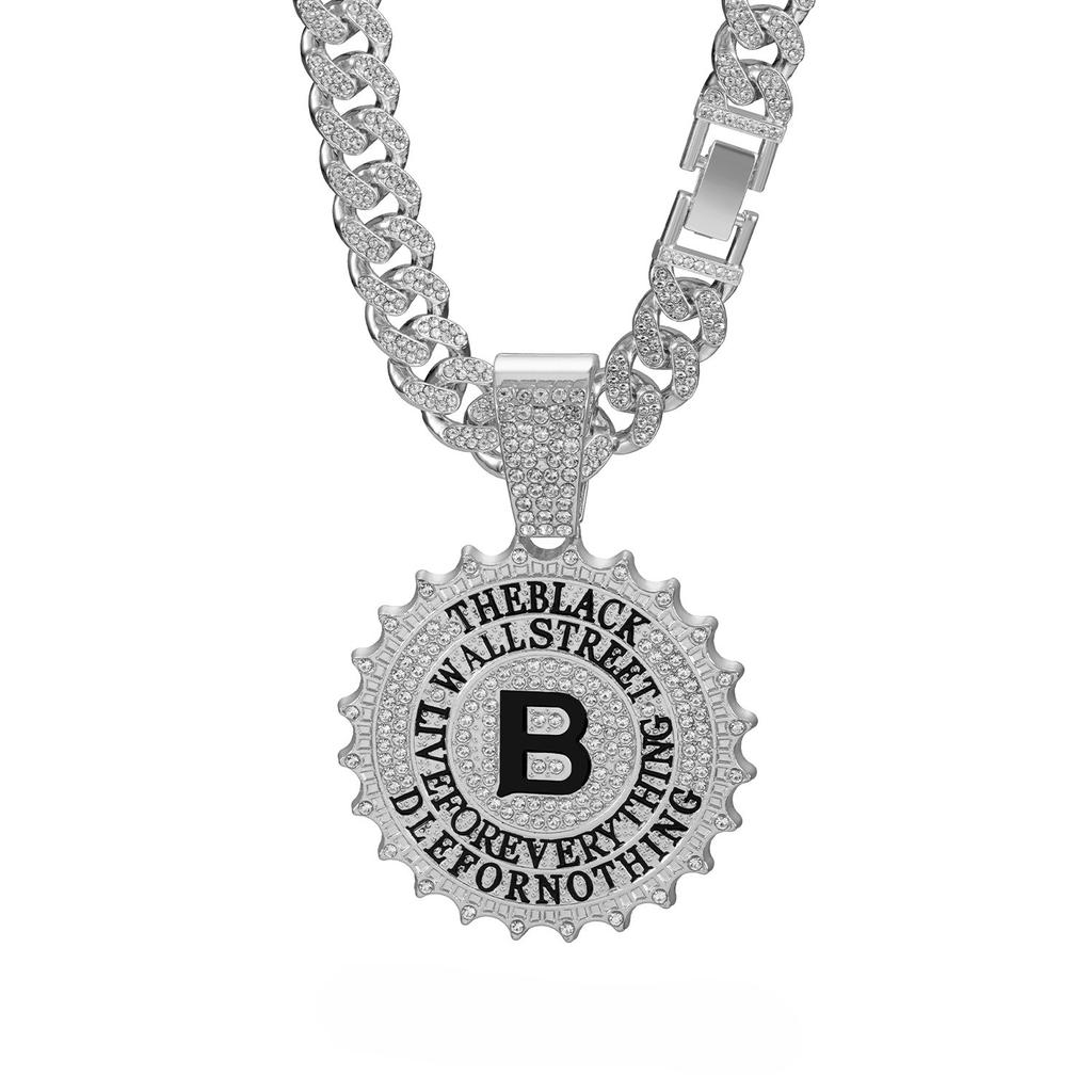 Hip Hop Style Circular Black Letter B Pendant, Paired With A Cuban Chain Necklace, Men'S Style.