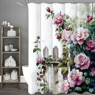Frühlingsrose Blumenhecke Duschvorhang, Badezimmer Dekorativer Duschvorhang, Wasserdichter Duschvorhang mit Haken