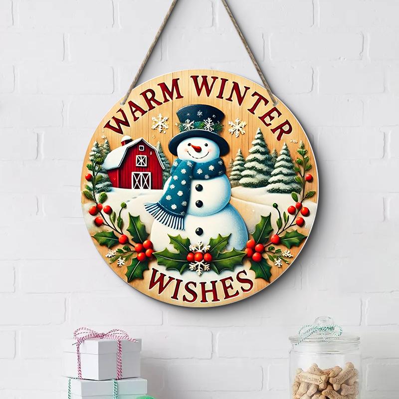 7.9" Christmas Wreath Centerpiece Decoration Wooden Round Holiday Wall Door Hanging Ornament Snowman Christmas Home Decor