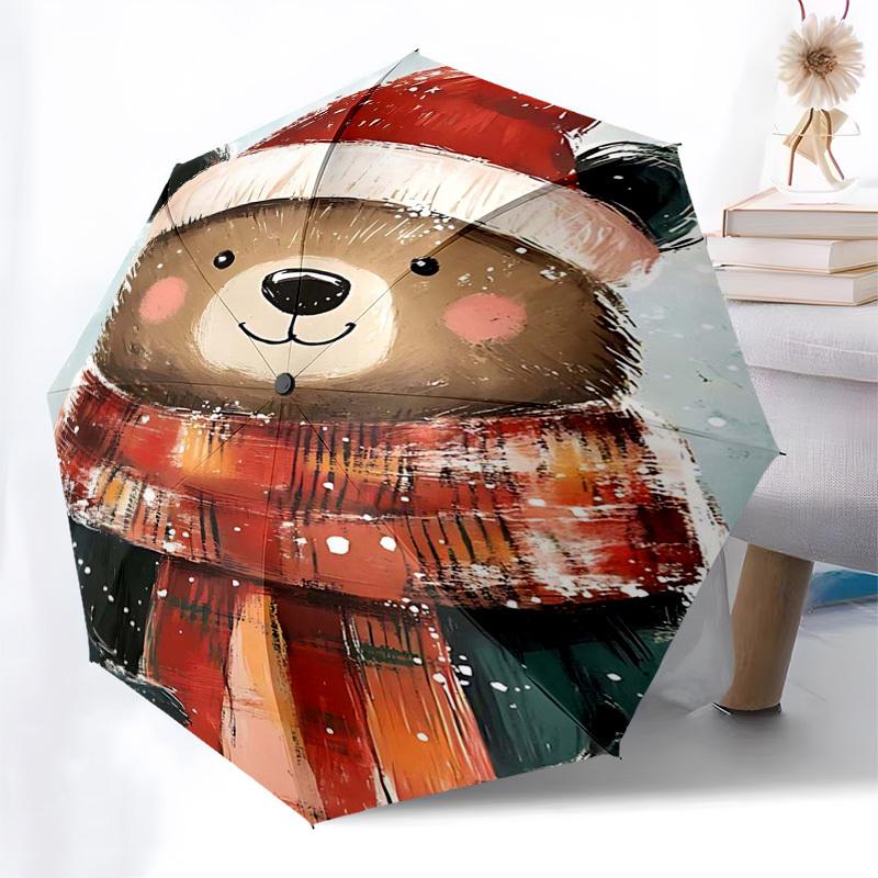 

1pc Christmas Bear Plaid Scarf with Santa Hat, Auto Open Close Umbrella, Portable Tri-Fold Design, 8-Bone Iron Frame Outdoor Umbrella, Festive Gift fo