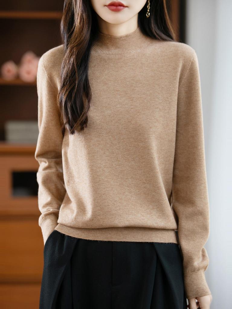 Elegant Autumn Velvet Knit Half-High Neck Sweater for Women - Long Sleeve, Loose Fit Pullover
