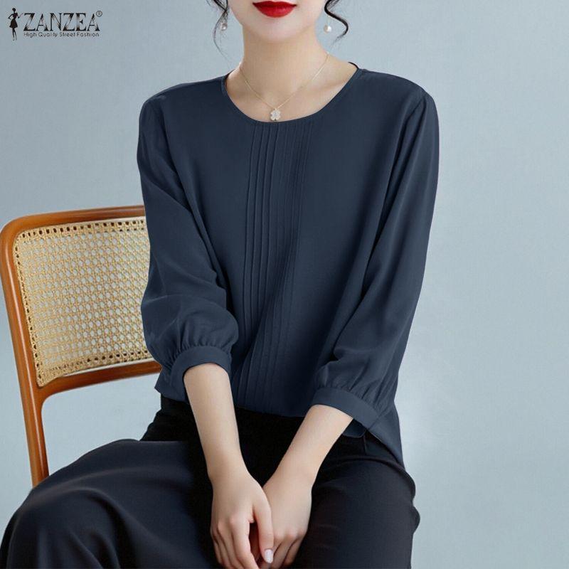 ZANZEA Damen Freizeit Rundhals Einfarbig 3/4 Ärmel Bluse