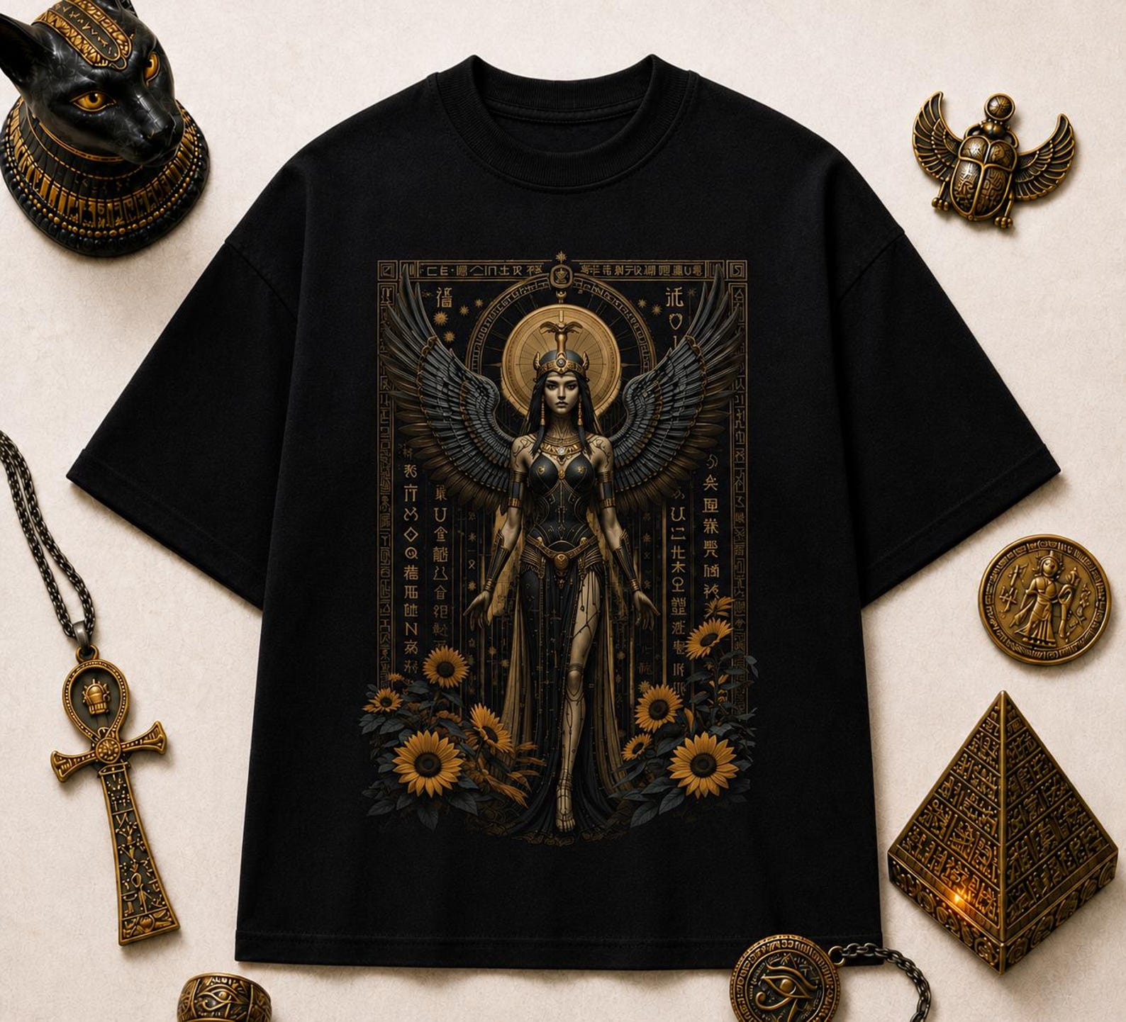 Egyptian Goddess Wings T-Shirt – Dark Angel Queen Ankh Mythology Graphic Tee 4XL