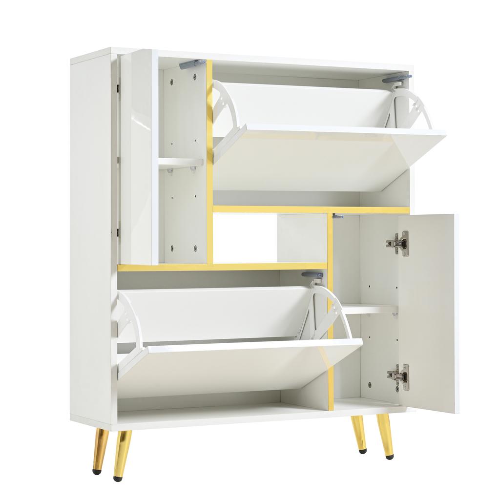 Modern Shoe Cabinet, White Shoe Cabinet with High-Gloss Front and 16-Color LED Light (80 x 25 x 96 cm)