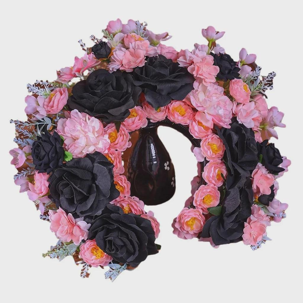 Quanzhou Hanfu Silk Flower Hairpin Headband - Dark Series Floral Crown
