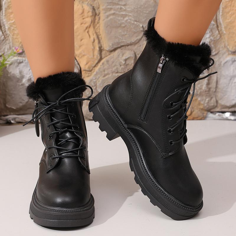 Fashion Women's Autumn Winter Ankle Boots Thick Sole Warm Plush Cotton Shoes Woman Fashion Black White Pu Leather Platform Botas Mujer