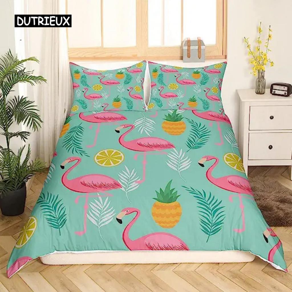 Povlak na přikrývku Flamingo List palmy King Size Tukan Plameňáci Povlak na přikrývku Dívky Chlapec Dospělý Tropické Botanické Listy pro Obývací pokoj