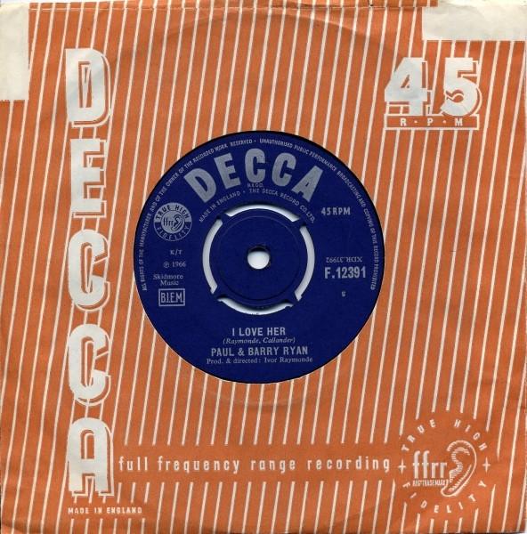 

7inch Record PAUL BARRY RYAN I Love Her Gotta Go Out To Work F12391 Decca UK Rock Used