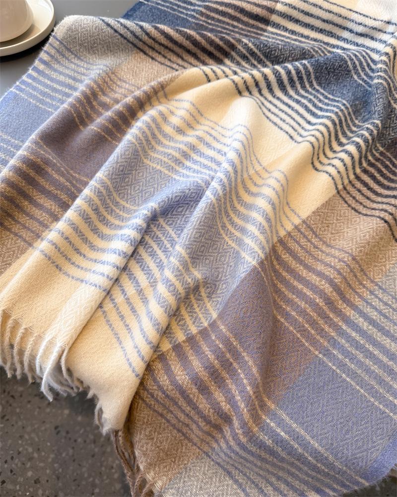 Color Blocked Plaid Long Scarf with Tassel Thick Soft Warm Imitation Cashmere Shawl Versatile Neck Scarf for Autumn Winter