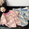 Toddler Soft Cotton Stripe T Shirt Contrast Collar Letter C Embroidery Summer Casual Top for Boys Girls