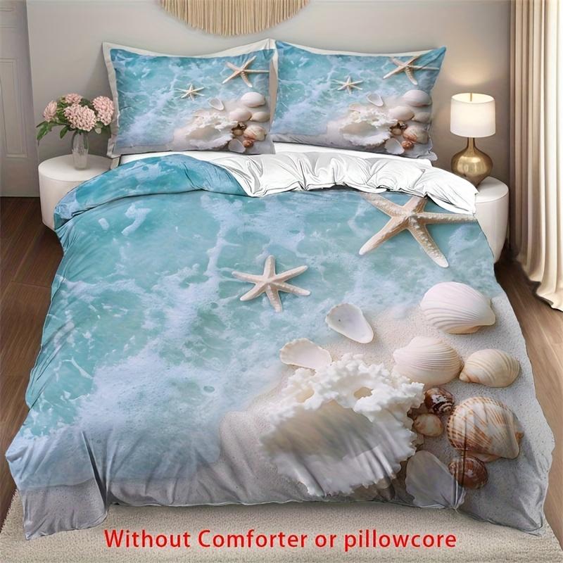 

2/3Pcs Beach Waves Shell Print Duvet Cover Set (1 Duvet Cover + 1/2 Pillowcase, Without Core), Summer Ocean Theme Bedding Set Duvet Cover Set&AU Single(140x210cm)